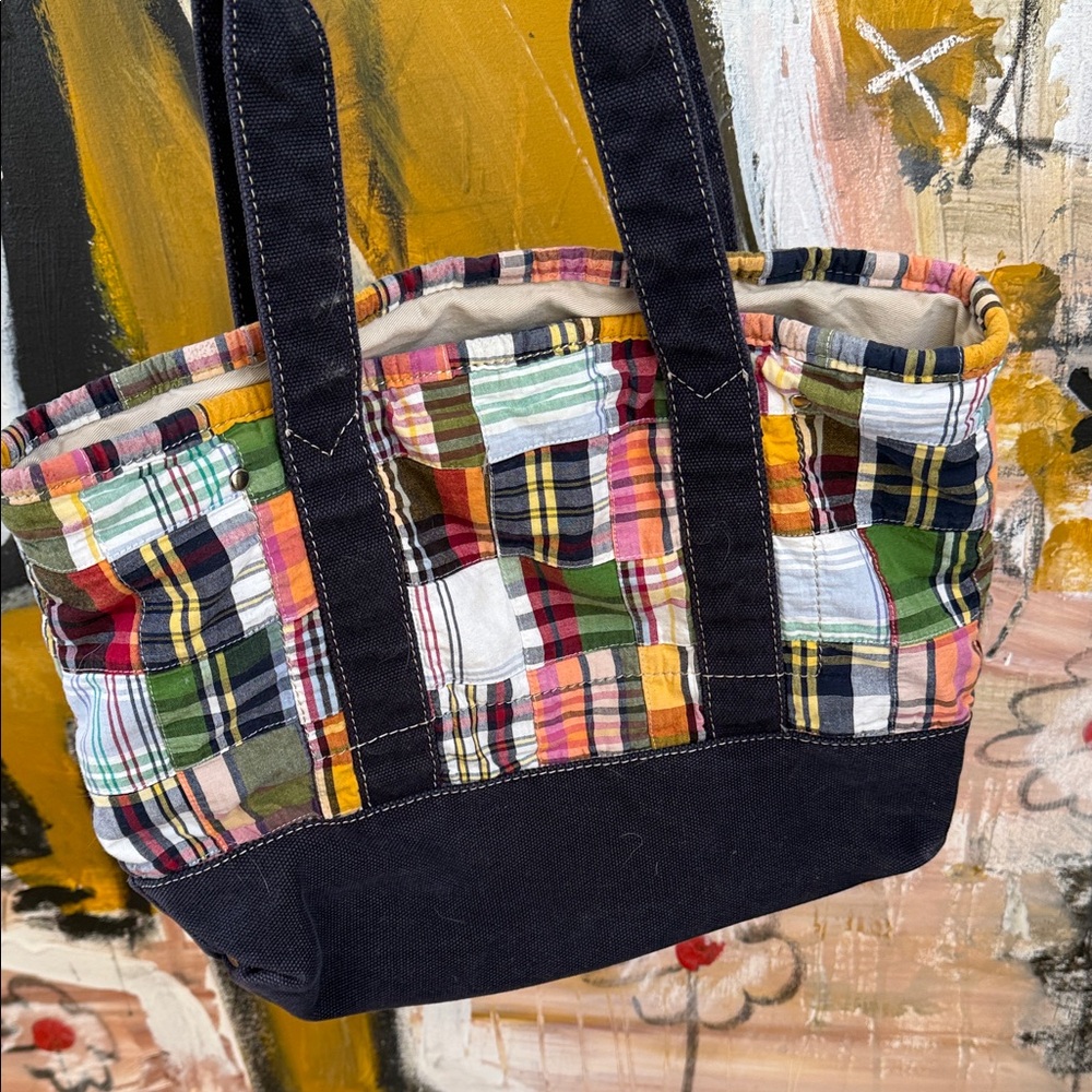 J. Crew Multicolor Madras Patchwork Tote with Nav… - image 9